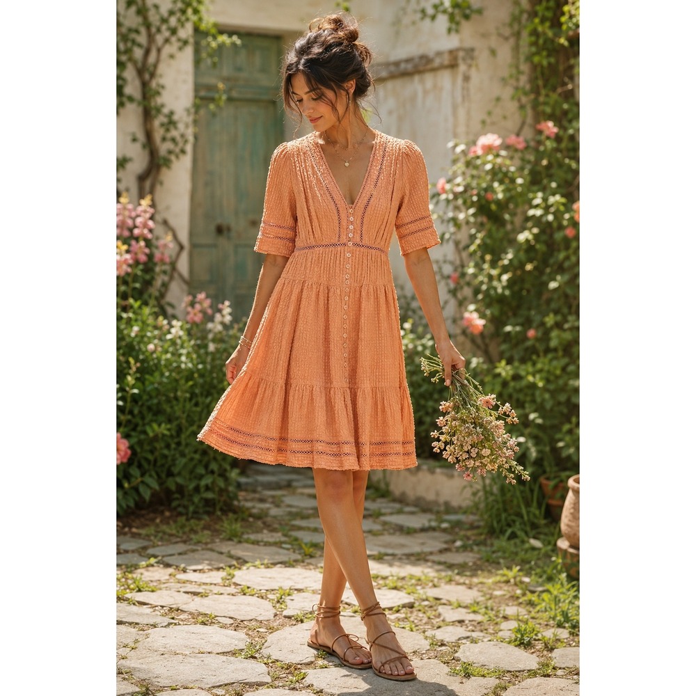 Rachel Parcell Peach Textured Button Front Detail Textured‎ Knee Length Dress